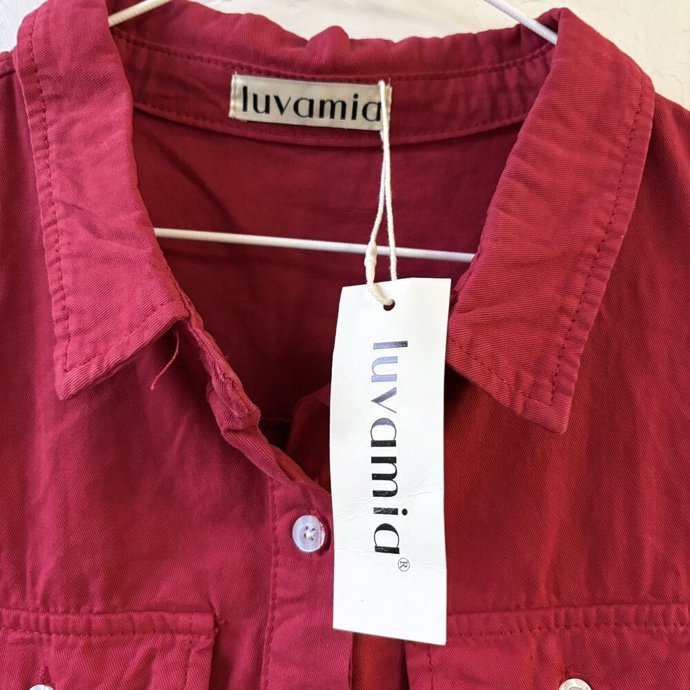 Luvamia Red Solid Sleeveless Collared Button Front Short Shirt Dress Size L - Picture 3 of 3